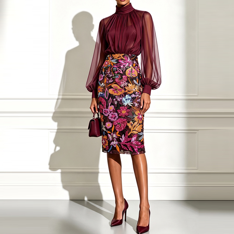 Midi Skirt Floral - Sexy Bluse mit hohem Kragen und