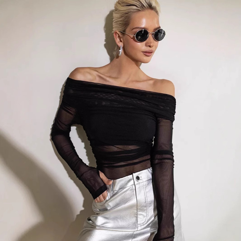 Blouse Off Shoulder - Damen Mesh Off-Shoulder Top Transparente Langarm-Bluse