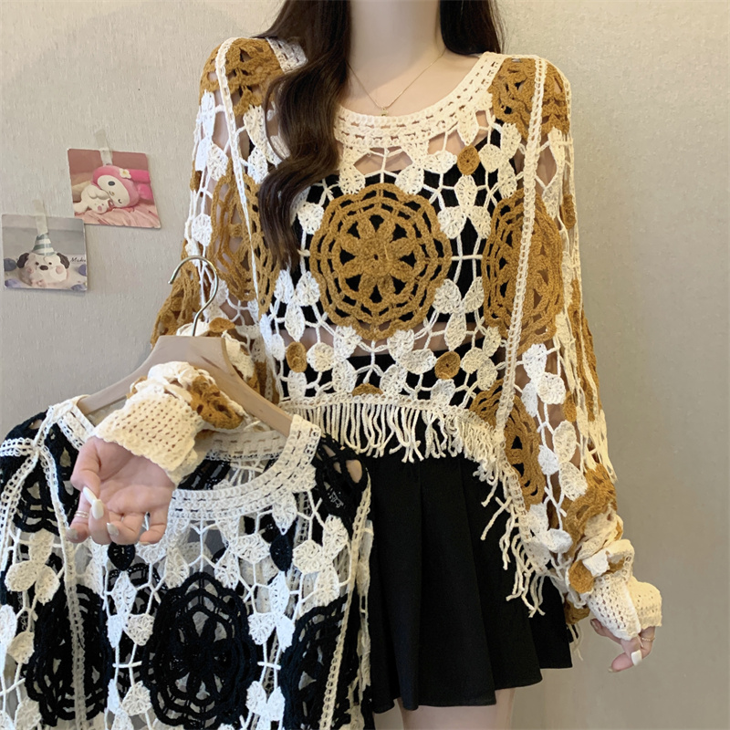 Crop Top Crochet - Kontrast farbe aushöhlen Fransen Boho Short