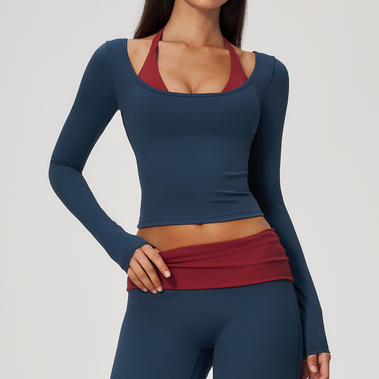 Crop Top Crochet - Langärmliges Yoga-Crop-Top mit Rundhalsausschnitt, schmal geschnitten,