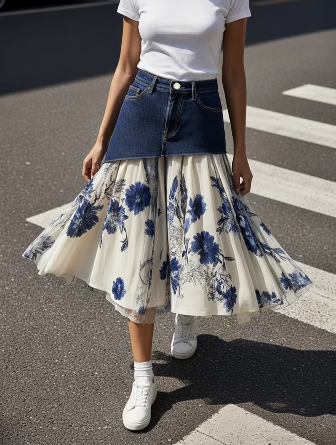 Midi Skirt Floral - Plus Size Damen High-Waist-Jeansrock mit Patchwork-Blau-Blumenmuster