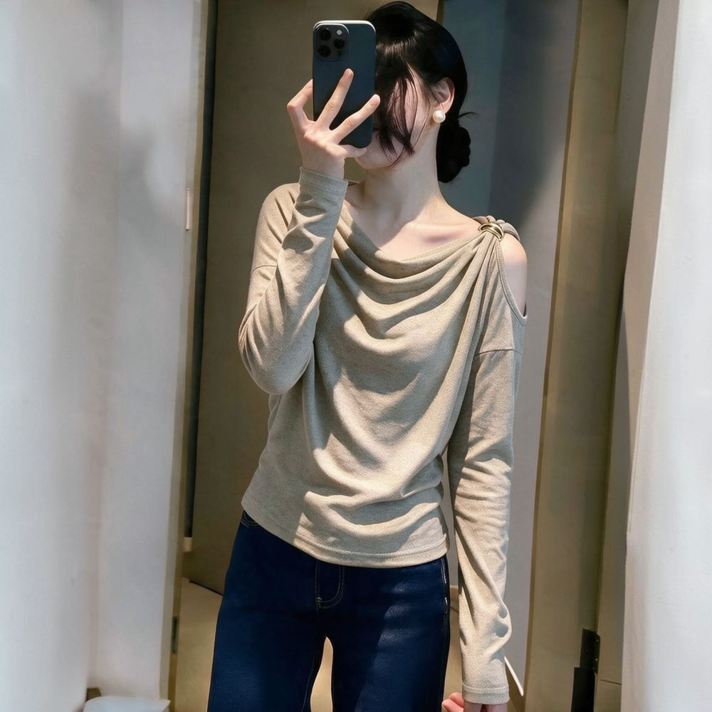 Blouse Off Shoulder - Damen Slim-Fit Langarm-Oberteil mit Drapé am