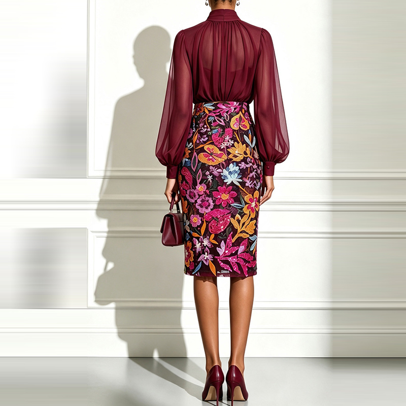 Sexy Bluse mit hohem Kragen un – Midi Skirt Floral Bewertung und Preis